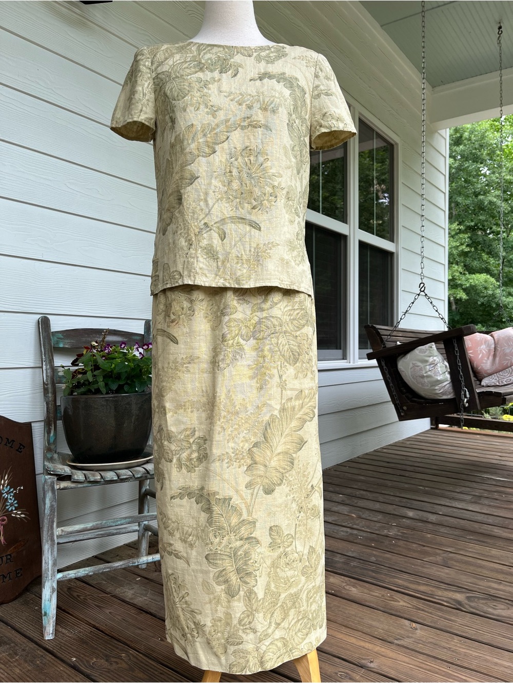 Vintage Maggy London 2-Piece Linen Skirt Set - Tropical Botanical